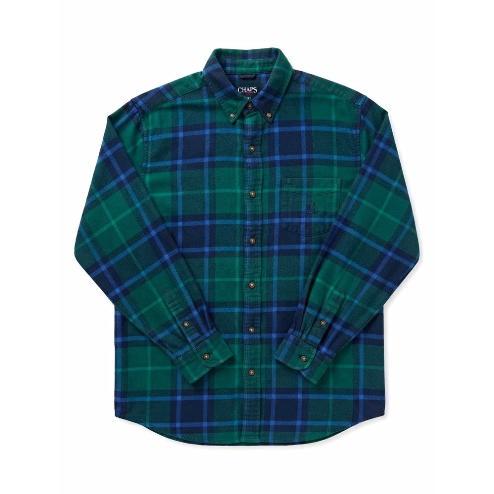Chaps Performance Mens L Flannel Plaid Button Down Shirt Green Blue Cotton